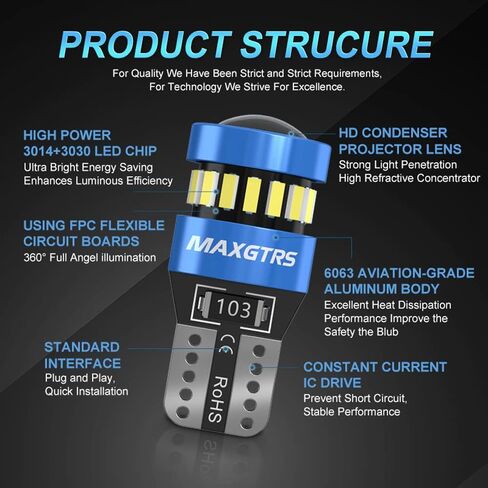 MAXGTRS 194 مصباح LED أزرق ثلجي 168 2825 W5W T10 Wedge 18-SMD 3014 شرائح LED مصابيح بديلة مع عدسة مكثف لباب السيارة وخريطة قبة أضواء لوحة الترخيص، حزمة من 2 in Kuwait