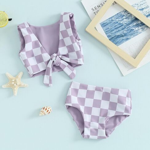 Toddler Baby Girl 2-Piece Checkered Swimsuit Sleeveless Knotted Tops Swim Briefs Bikini Set Bathing Suit Beachwear in Saudi Arabia