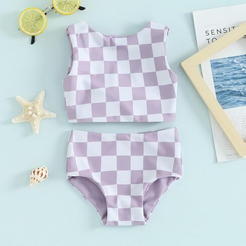 Toddler Baby Girl 2-Piece Checkered Swimsuit Sleeveless Knotted Tops Swim Briefs Bikini Set Bathing Suit Beachwear in Saudi Arabia