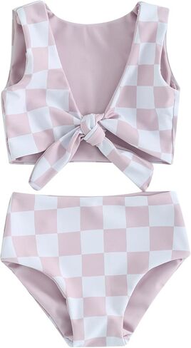 Toddler Baby Girl 2-Piece Checkered Swimsuit Sleeveless Knotted Tops Swim Briefs Bikini Set Bathing Suit Beachwear in Saudi Arabia