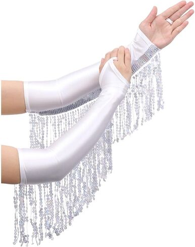 CASDRE Long Fingerless Satin Gloves Sequin Tassel Bridal Gloves Elbow Length 1920s Opera Cosplay Gloves for Women and Girls in Saudi Arabia
