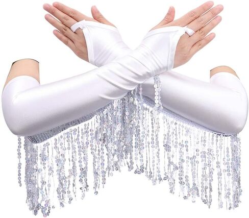 CASDRE Long Fingerless Satin Gloves Sequin Tassel Bridal Gloves Elbow Length 1920s Opera Cosplay Gloves for Women and Girls in Saudi Arabia
