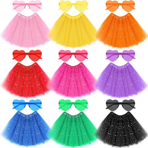Handepo 18 Pcs Womens Adult Tulle Tutu Skirt Heart Shaped Sunglasses Layered Tutu Adult with Sequin Stars Rimless Colored Heart Glasses Retro 80's Bubble Skirt for Party Favors Multi in Saudi Arabia