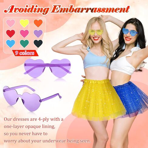 Handepo 18 Pcs Womens Adult Tulle Tutu Skirt Heart Shaped Sunglasses Layered Tutu Adult with Sequin Stars Rimless Colored Heart Glasses Retro 80's Bubble Skirt for Party Favors Multi in Saudi Arabia
