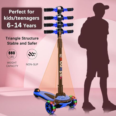 3 Wheels Kick Scooter for Kids Teens Ages 6-18 Years Extral Wide Deck 4 Adjustable Height and Foldable Handlebar LED Flashing Glider Push Scooter for Boys Girls in Saudi Arabia