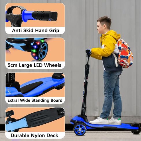3 Wheels Kick Scooter for Kids Teens Ages 6-18 Years Extral Wide Deck 4 Adjustable Height and Foldable Handlebar LED Flashing Glider Push Scooter for Boys Girls in Saudi Arabia