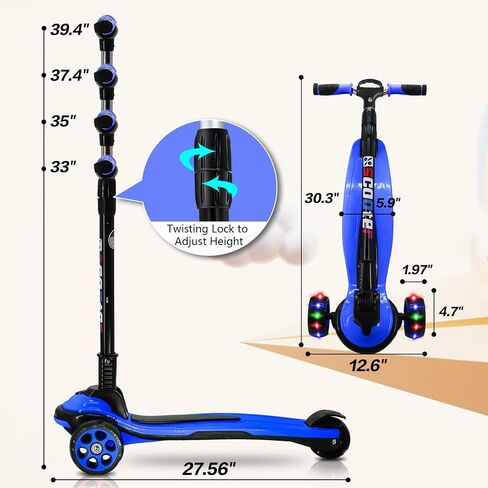 3 Wheels Kick Scooter for Kids Teens Ages 6-18 Years Extral Wide Deck 4 Adjustable Height and Foldable Handlebar LED Flashing Glider Push Scooter for Boys Girls in Saudi Arabia