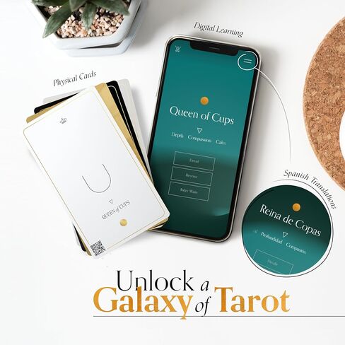 QR-Enhanced Tarot Cards for Beginners & Pros. 78 Card Gold Foil Minimalist Deck with Digital Learning Experience incl. Card Meanings, Rider Waite Imagery, Digital Guide Book & Spanish Translations. in Saudi Arabia