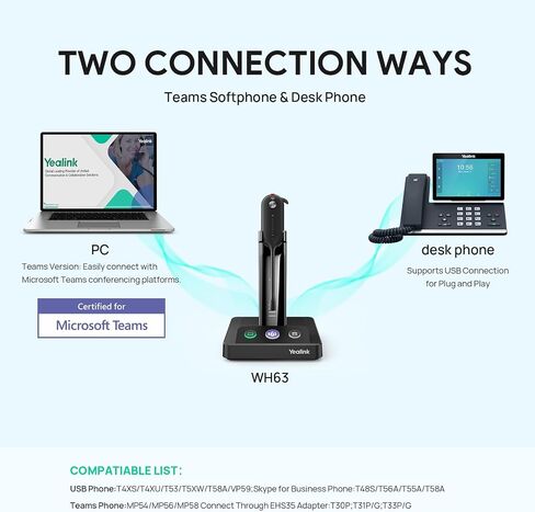 Yealink Upgrade WH63 Wireless DECT Headset,Single Ear Office Headset for Desk Phone and Computer Softphone,Teams Certified,Noise Cancelling Mic,Compatible Polycom Grandstream IP Phone in Saudi Arabia