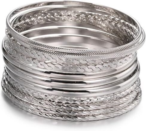 LXSSLY 12Pcs Silver Bangle Bracelets Set for Girls Boho Multi Layer Stack Textured Bracelets Indian Chunky Bangle Bracelet for Women Teen in Saudi Arabia