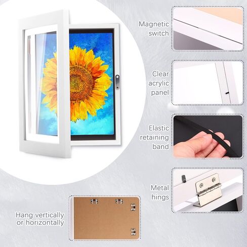 Pinkunn 8 Packs Kids Art Frame, 8 x 11.5 Inch White Kid Artwork Picture Frame Display with Acrylic Plate and Hook Magnetic Front Opening Changeable Wood Picture Frame for Drawing Artwork Art Project in Saudi Arabia