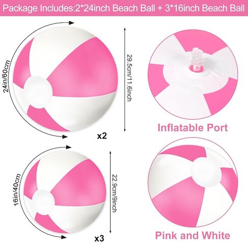 Whaline 5Pcs Inflatable Beach Ball 24 & 16 Inch Round Pool PVC Balls Cute Game Toys for Summer Hawaiian Tropical Theme Beach Party Decorations Water Sand Game Accessory (Pink and White) in Saudi Arabia
