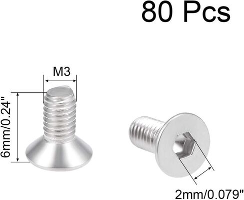 Uxcell M3x6mm مسامير آلة ذات رأس مسطح برغي سداسي داخلي 304 مسامير تثبيت من الفولاذ المقاوم للصدأ 80 قطعة in Saudi Arabia