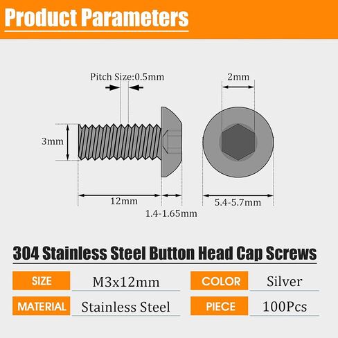 M3-0.5x8mm Button Head Socket Cap Screw,M3 8mm Screws Metric,Allen Hex Drive Bolts,Stainless Steel,Full Thread,Bright Finish,Coarse Thread (M3x8mm(100Pcs)) in Saudi Arabia