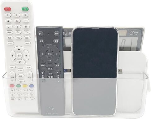 SUNFICON حامل لاصق كبير للتحكم عن بعد بطبقتين صندوق منظم للتخزين على الحائط مع خطاف وحدة تحكم مشغل وسائط التلفزيون العالمي، العلبة المنزلية والمكتب بجانب السرير ومنضدة بيضاء in Kuwait