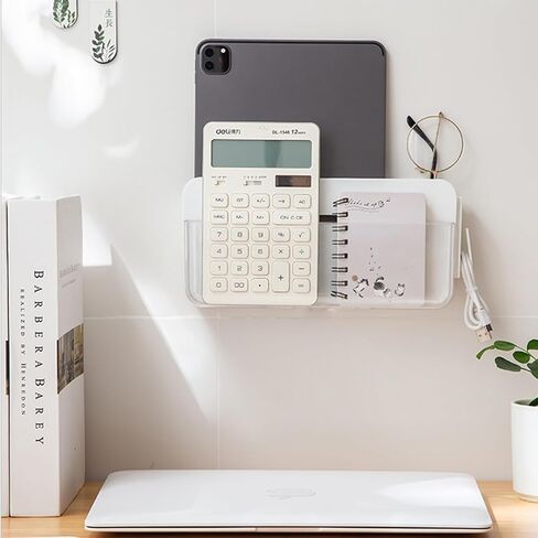 SUNFICON حامل لاصق كبير للتحكم عن بعد بطبقتين صندوق منظم للتخزين على الحائط مع خطاف وحدة تحكم مشغل وسائط التلفزيون العالمي، العلبة المنزلية والمكتب بجانب السرير ومنضدة بيضاء in Kuwait