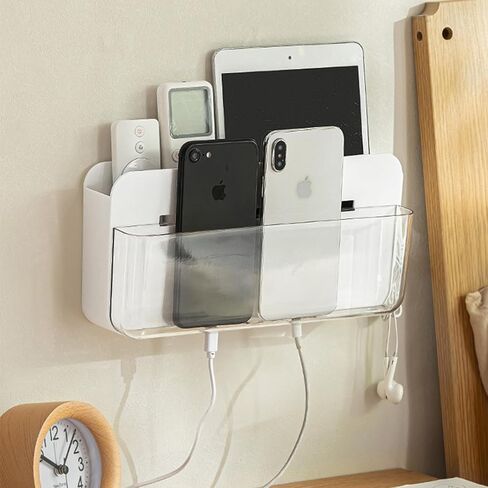 SUNFICON حامل لاصق كبير للتحكم عن بعد بطبقتين صندوق منظم للتخزين على الحائط مع خطاف وحدة تحكم مشغل وسائط التلفزيون العالمي، العلبة المنزلية والمكتب بجانب السرير ومنضدة بيضاء in Kuwait