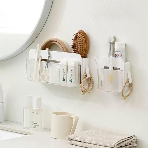 SUNFICON حامل لاصق كبير للتحكم عن بعد بطبقتين صندوق منظم للتخزين على الحائط مع خطاف وحدة تحكم مشغل وسائط التلفزيون العالمي، العلبة المنزلية والمكتب بجانب السرير ومنضدة بيضاء in Kuwait