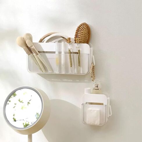 SUNFICON حامل لاصق كبير للتحكم عن بعد بطبقتين صندوق منظم للتخزين على الحائط مع خطاف وحدة تحكم مشغل وسائط التلفزيون العالمي، العلبة المنزلية والمكتب بجانب السرير ومنضدة بيضاء in Kuwait