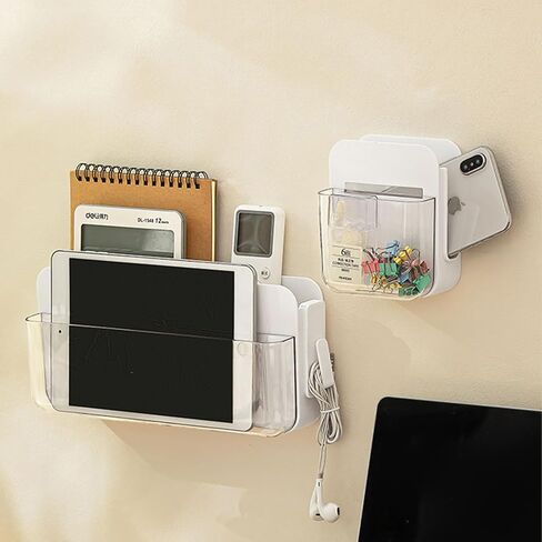 SUNFICON حامل لاصق كبير للتحكم عن بعد بطبقتين صندوق منظم للتخزين على الحائط مع خطاف وحدة تحكم مشغل وسائط التلفزيون العالمي، العلبة المنزلية والمكتب بجانب السرير ومنضدة بيضاء in Kuwait