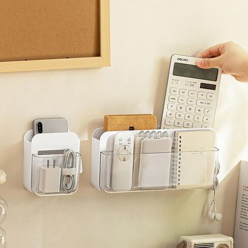 SUNFICON حامل لاصق كبير للتحكم عن بعد بطبقتين صندوق منظم للتخزين على الحائط مع خطاف وحدة تحكم مشغل وسائط التلفزيون العالمي، العلبة المنزلية والمكتب بجانب السرير ومنضدة بيضاء in Kuwait