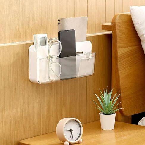 SUNFICON حامل لاصق كبير للتحكم عن بعد بطبقتين صندوق منظم للتخزين على الحائط مع خطاف وحدة تحكم مشغل وسائط التلفزيون العالمي، العلبة المنزلية والمكتب بجانب السرير ومنضدة بيضاء in Kuwait