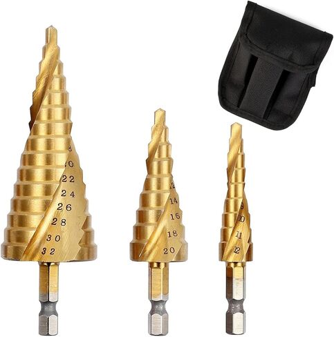 مجموعة رؤوس مثقاب HSS مكونة من 3 قطع، 1/4 بوصة ساق سداسية أخدود حلزوني عالي السرعة من الفولاذ المطلي بالتيتانيوم لثقب مخروطي للوحة الحفر ثقب خشب معدني من الألومنيوم (4-12 مم/4-20 مم/4-32 مم) in Kuwait
