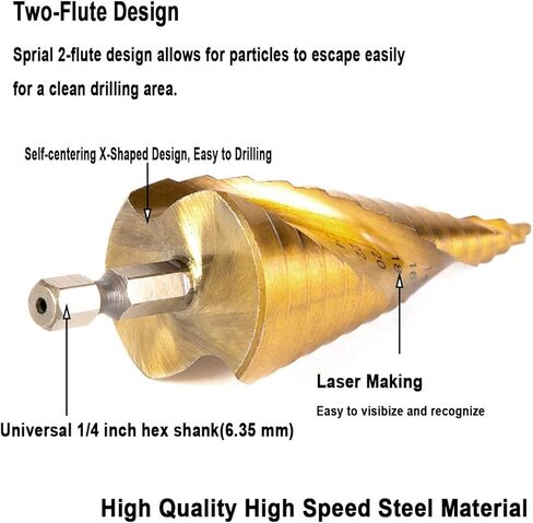 مجموعة رؤوس مثقاب HSS مكونة من 3 قطع، 1/4 بوصة ساق سداسية أخدود حلزوني عالي السرعة من الفولاذ المطلي بالتيتانيوم لثقب مخروطي للوحة الحفر ثقب خشب معدني من الألومنيوم (4-12 مم/4-20 مم/4-32 مم) in Kuwait