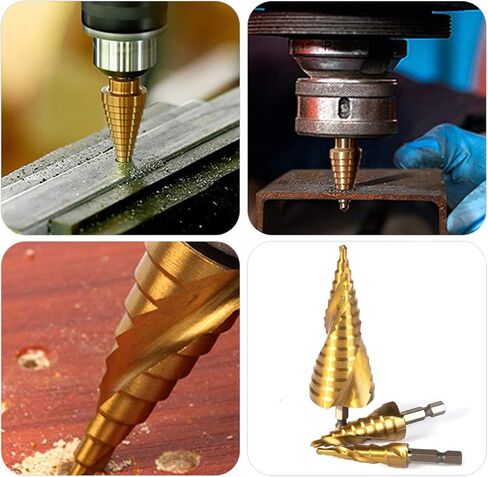 مجموعة رؤوس مثقاب HSS مكونة من 3 قطع، 1/4 بوصة ساق سداسية أخدود حلزوني عالي السرعة من الفولاذ المطلي بالتيتانيوم لثقب مخروطي للوحة الحفر ثقب خشب معدني من الألومنيوم (4-12 مم/4-20 مم/4-32 مم) in Kuwait