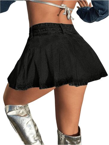 Milumia Women's A Line Pleated Denim Mini Skirt Low Waisted Y2K Flare Jean Skater Skirts in Saudi Arabia