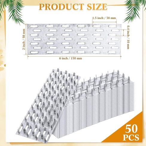 Yaocom 50 Pcs Pronged Truss Plate 2 x 6 Inch Roofing Nails Flat Mending Plates Galvanized Steel Repair Tie Roof Bracket Truss Connector with 20 Ga Thick 8 mm Nail Teeth for Wood Timber Roofing Stud in Saudi Arabia