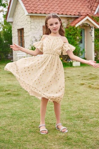 GRACE KARIN Girls Spring Summer Dress Size 10-12 Halter Neck Off Shoulder A Line Swing Twirl Ruffle Party Maxi Yellow Dress Formal Dress in Saudi Arabia