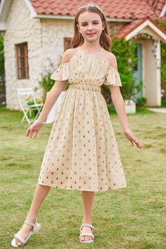 GRACE KARIN Girls Spring Summer Dress Size 10-12 Halter Neck Off Shoulder A Line Swing Twirl Ruffle Party Maxi Yellow Dress Formal Dress in Saudi Arabia