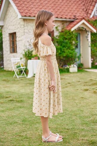 GRACE KARIN Girls Spring Summer Dress Size 10-12 Halter Neck Off Shoulder A Line Swing Twirl Ruffle Party Maxi Yellow Dress Formal Dress in Saudi Arabia