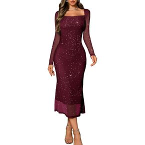 DRESSTELLS Women's Formal Wedding Guest Cocktail Party Sequin Sparkly Mesh Long Bodycon Dress in Kuwait