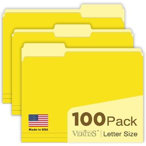 Yellow File Folders 100-Pack Letter Size 8.5" x 11" Yellow Colored Folder with 1/3-Cut Tabs Durable Pressboard Folders for Hanging Files, Office, School, Home, Business Filing Supplies, Made in USA in Kuwait