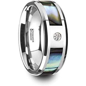 Thorsten Honolulu Mother of Pearl Inlay Tungsten Carbide Ring with Beveled Edges and White Diamond Jewelry - 8mm in Saudi Arabia