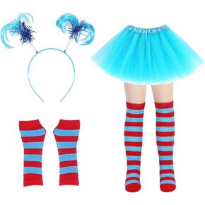 مجموعة أزياء مكونة من 4 قطع من التول الأزرق، قمصان Dr Suess Thing 1 تتضمن تنانير قصيرة وعصابة رأس طويلة وركبة وفخذك وجوارب مخططة عالية وقفازات لأزياء شخصيات الكتب للأطفال in Kuwait