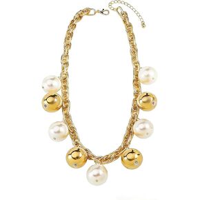 Chunky Pearl Ball Beaded Necklace for Women,Punk Silver Big Round Bead Statement Necklaces,Fashion Jewelry Gift Party Outfit Accessories in Kuwait