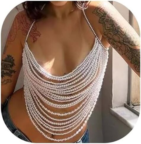 Sexy Multi-layered Tassel Pearl Chest Chain Summer Beach Beaded Harness Bra Chain Festival Rave Pearl Bralette Waist Body Jewelry for Women in Saudi Arabia