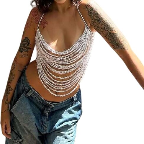 Sexy Multi-layered Tassel Pearl Chest Chain Summer Beach Beaded Harness Bra Chain Festival Rave Pearl Bralette Waist Body Jewelry for Women in Saudi Arabia
