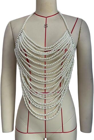 Sexy Multi-layered Tassel Pearl Chest Chain Summer Beach Beaded Harness Bra Chain Festival Rave Pearl Bralette Waist Body Jewelry for Women in Saudi Arabia