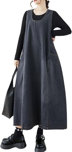 chouyatou Women's Elegant Denim Tank Dress Overall Loose Fit A Line Flare Pinafore Midi jumper Jean Dress in Saudi Arabia