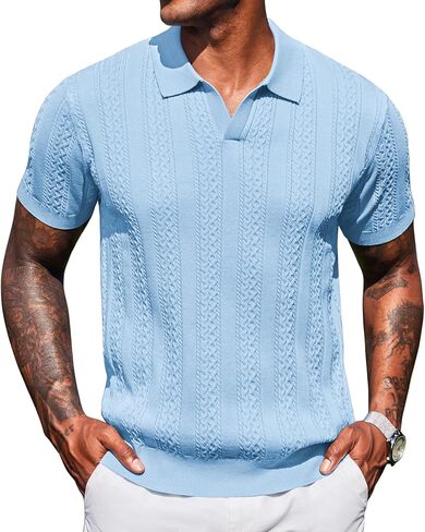 COOFANDY Knit Polo Shirts for Men Short Sleeve V Neck Polo Lightweight Summer Casual Textured Polo Shirts in Saudi Arabia