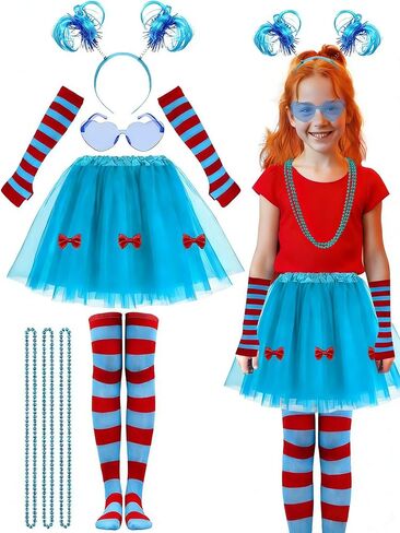 8PCS Blue Tulle Tutu Costume Set Tulle Tutu Skirt With Butterfly, Headband, Glasses, Necklace, Blue Red Striped High Socks and Gloves for Halloween Cosplay in Kuwait
