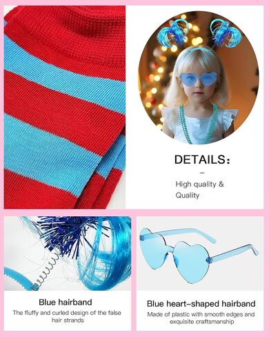 8PCS Blue Tulle Tutu Costume Set Tulle Tutu Skirt With Butterfly, Headband, Glasses, Necklace, Blue Red Striped High Socks and Gloves for Halloween Cosplay in Kuwait