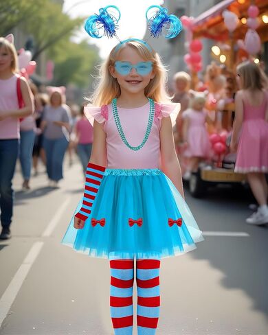 8PCS Blue Tulle Tutu Costume Set Tulle Tutu Skirt With Butterfly, Headband, Glasses, Necklace, Blue Red Striped High Socks and Gloves for Halloween Cosplay in Kuwait