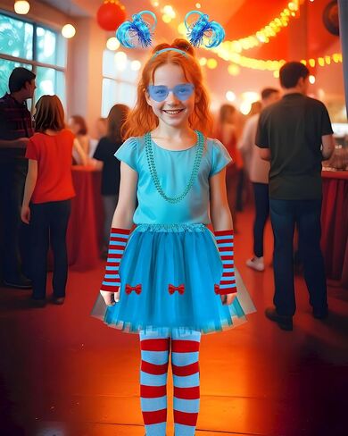 8PCS Blue Tulle Tutu Costume Set Tulle Tutu Skirt With Butterfly, Headband, Glasses, Necklace, Blue Red Striped High Socks and Gloves for Halloween Cosplay in Kuwait