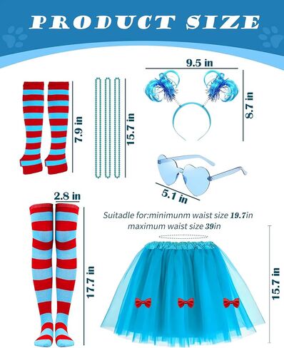 8PCS Blue Tulle Tutu Costume Set Tulle Tutu Skirt With Butterfly, Headband, Glasses, Necklace, Blue Red Striped High Socks and Gloves for Halloween Cosplay in Kuwait
