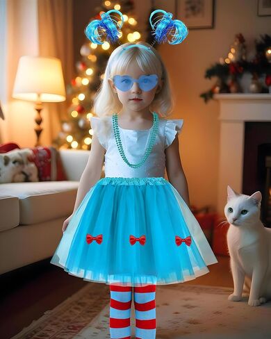 8PCS Blue Tulle Tutu Costume Set Tulle Tutu Skirt With Butterfly, Headband, Glasses, Necklace, Blue Red Striped High Socks and Gloves for Halloween Cosplay in Kuwait